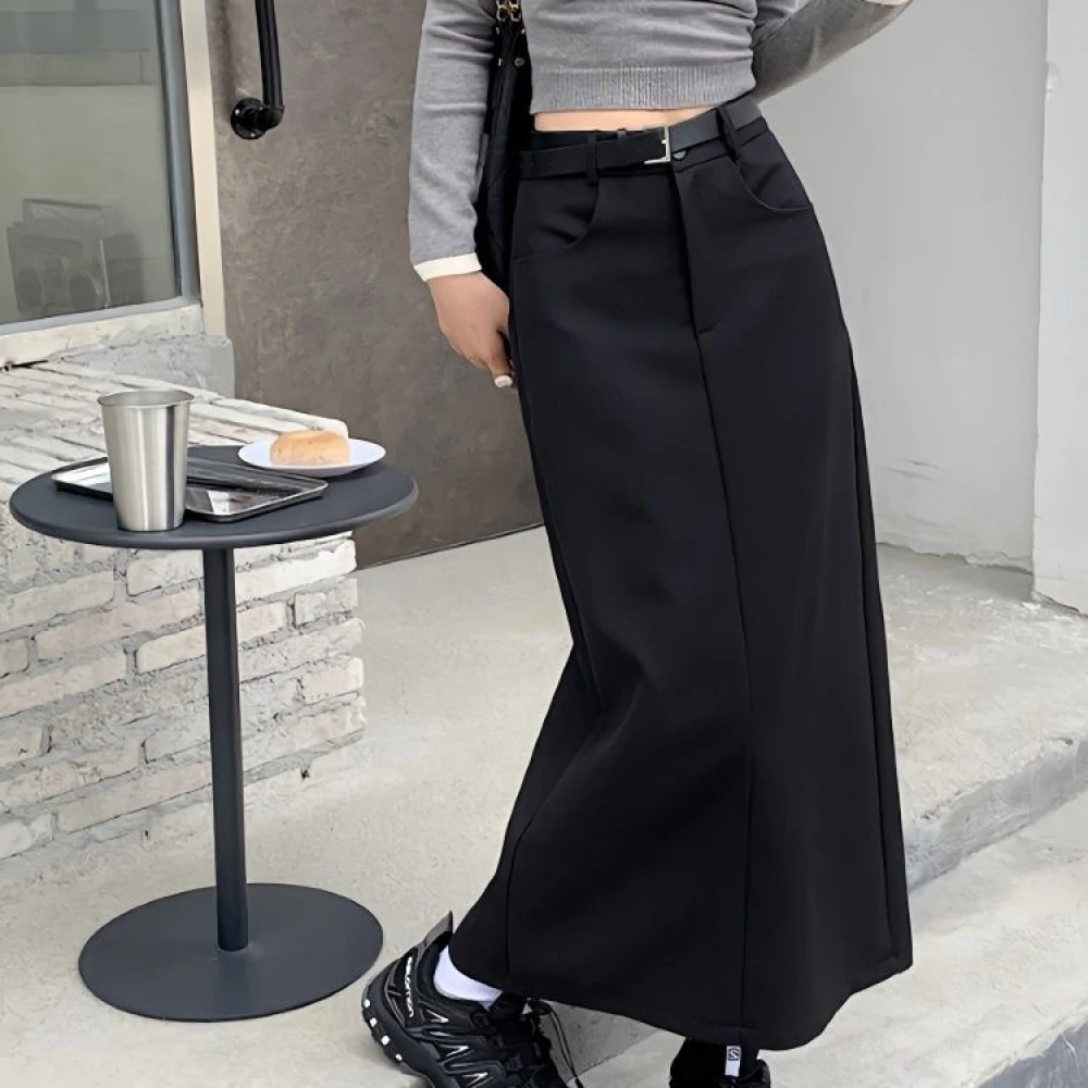 美式bella工装半身裙女春秋小个子西装半步裙高腰黑色开叉长裙子