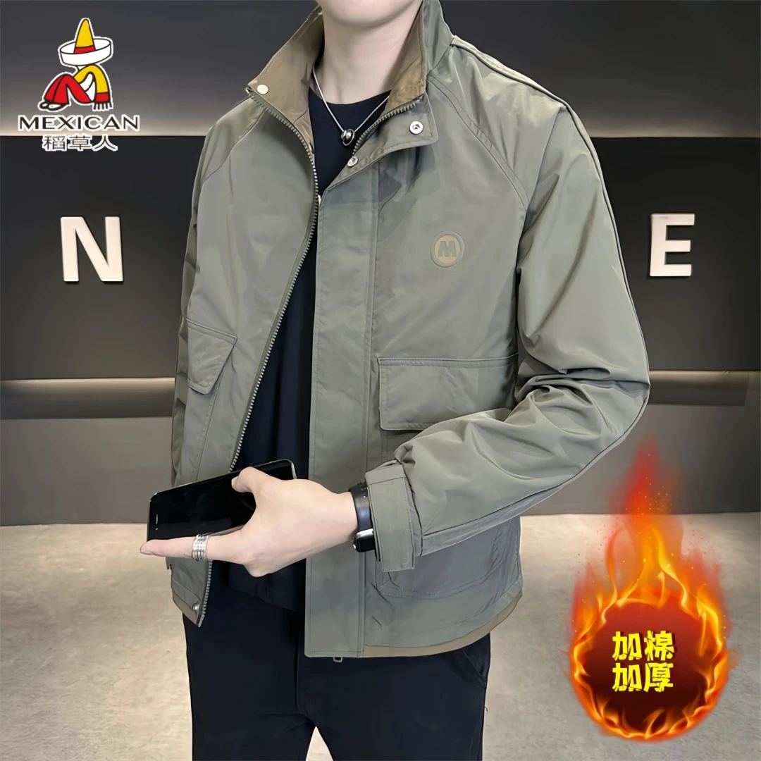 稻草人春秋季新款帅气工装立领防寒棉服男士时尚潮牌短款棉衣外套