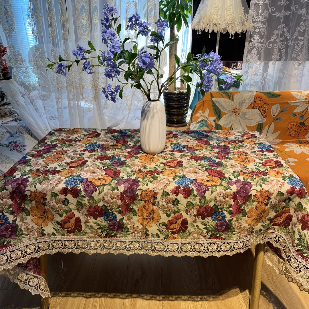 DY231-3-4棉麻（150*220cm长方）红牡丹花边蕾丝边桌布精美