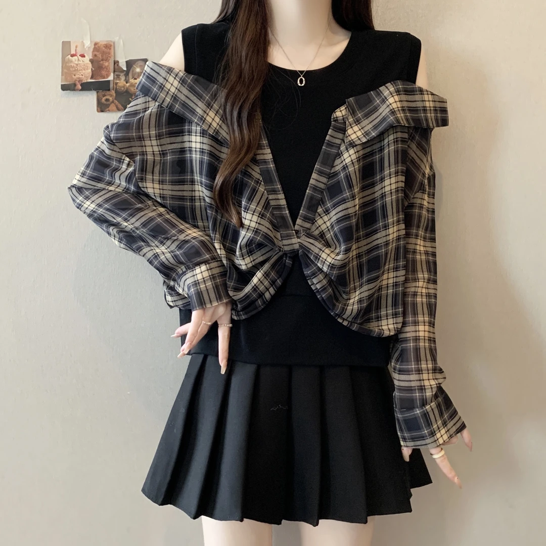 高级感格子拼接长袖衬衫秋季新款大码女装胖mm假两件遮肉衬衣上衣