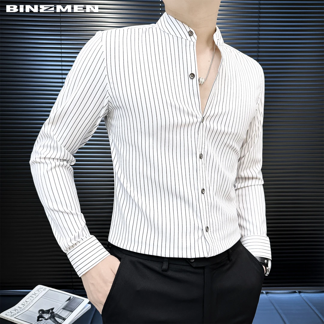 中国风立领条纹衬衫男款长袖休闲痞帅新中式男装潮流修身男式上衣