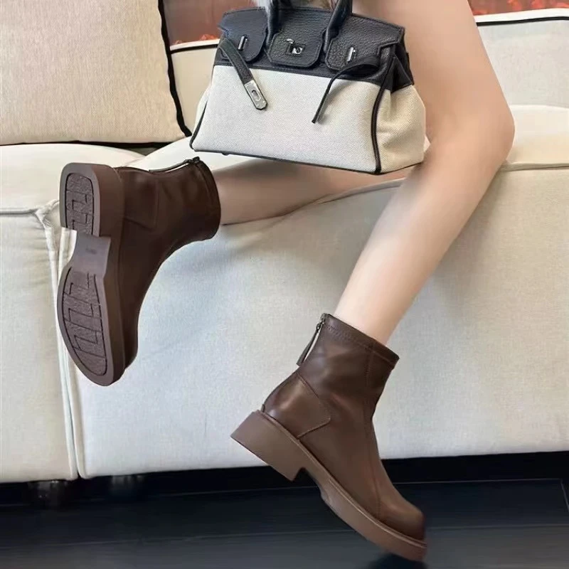 秋冬新款韩版通勤瘦瘦简约粗跟裸靴短靴69X2788(加绒)