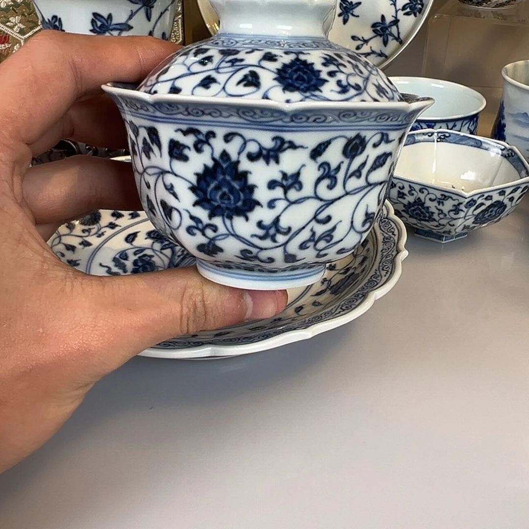 杯子元煦窑一束莲八方盖碗