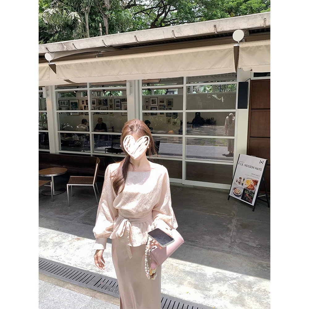 【韩系千金】早秋设计感长袖系带上衣女缎面长款半身裙气质时尚套装