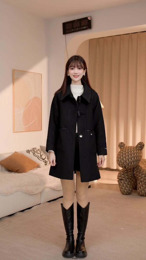 【衣架防尘袋】新款牛角扣气质中长款翻领显瘦修身双面小个子大衣