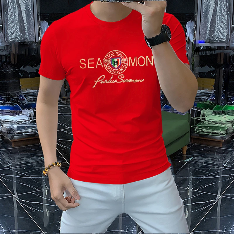 2025短袖T恤男装丝光棉半袖欧货美潮烫钻欧洲站圆领网红冰丝亮片