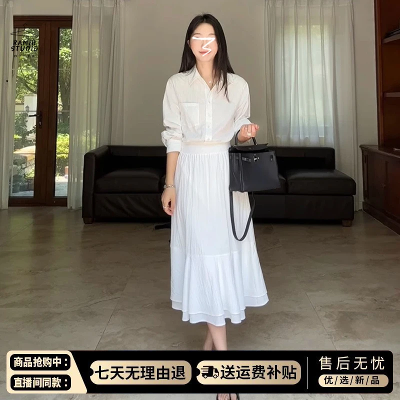 假两件白色衬衫连衣裙子女早春2025新款法式气质高端轻奢收腰长裙
