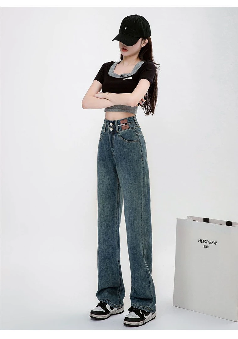 2025年窄版高腰宽松显瘦春季新款小个子垂感直筒裤子阔腿牛仔裤女