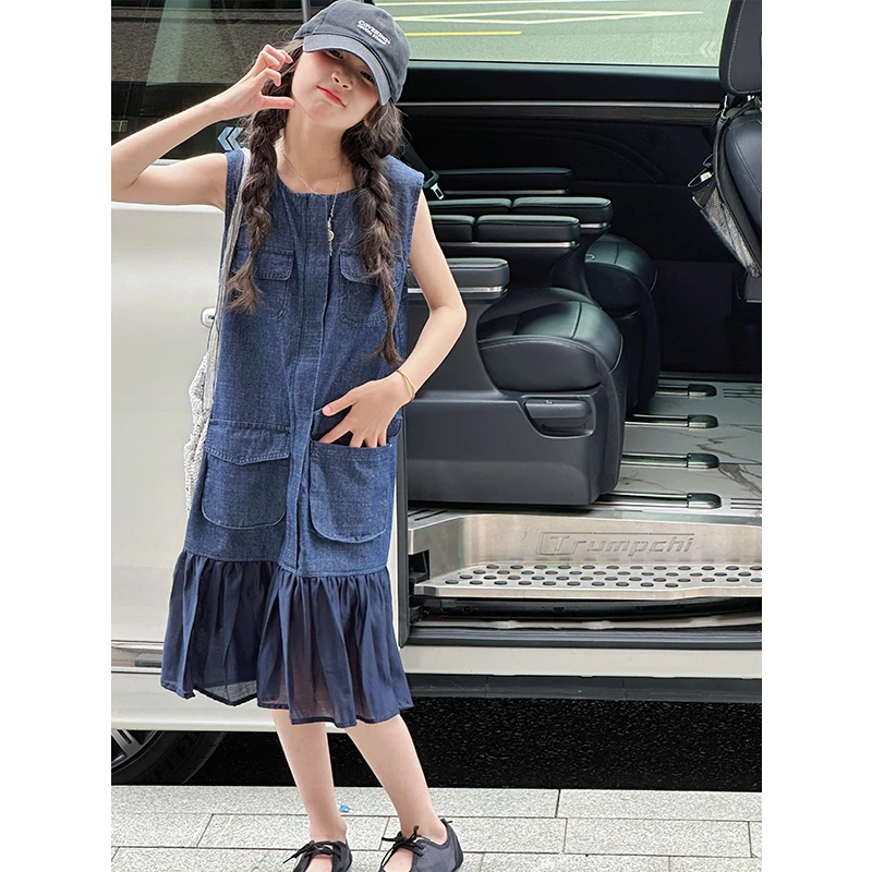 K29220荷叶边拼接女童牛仔连衣裙2025新款儿童休闲无袖裙子背心裙