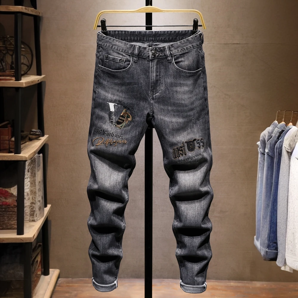 约蒂宾弗夏季薄款牛仔裤男款潮牌高街字母刺绣弹力修身小脚裤子男