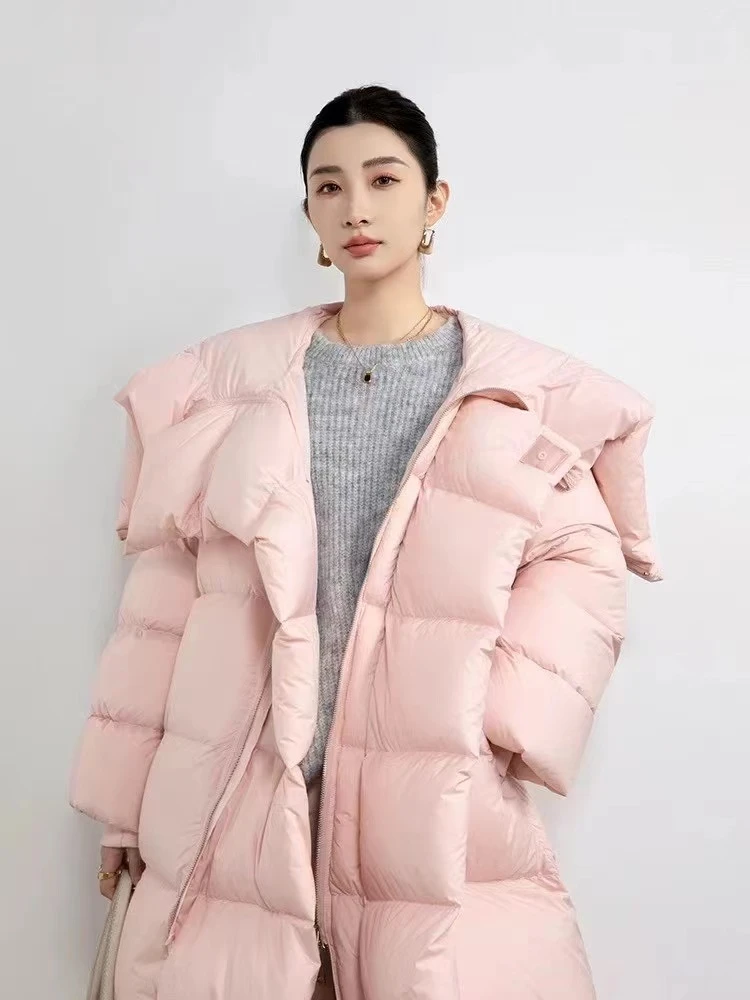 350克白鹅绒泡芙感羽绒服长款过膝欧货2024冬季新品高端轻奢连帽