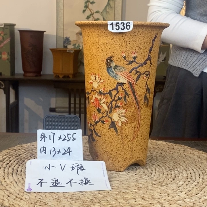 紫砂花盆  微微瑕柴烧彩绘圆签筒1536