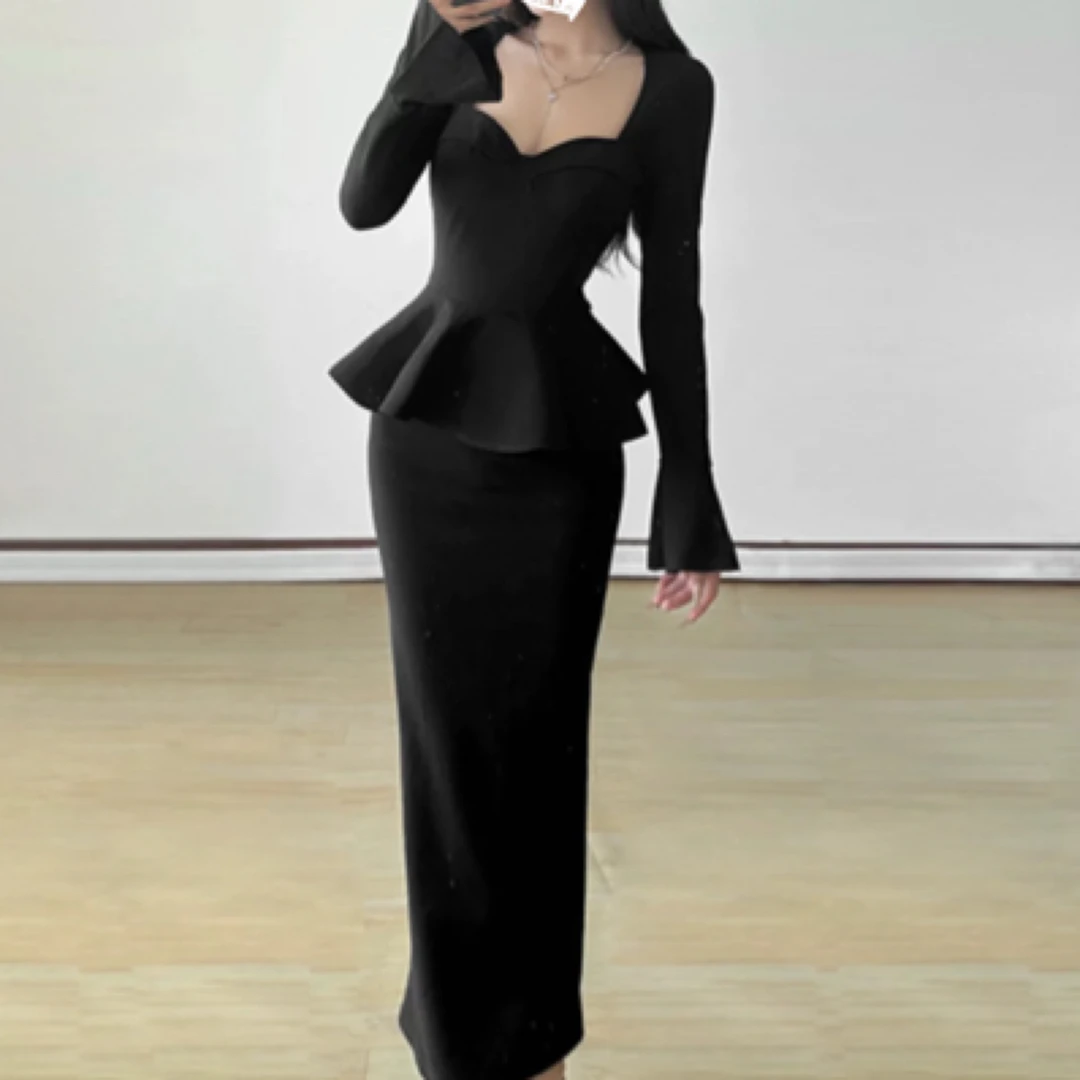 御姐风高级感荷叶边长袖上衣搭配包臀裙套装秋冬新款