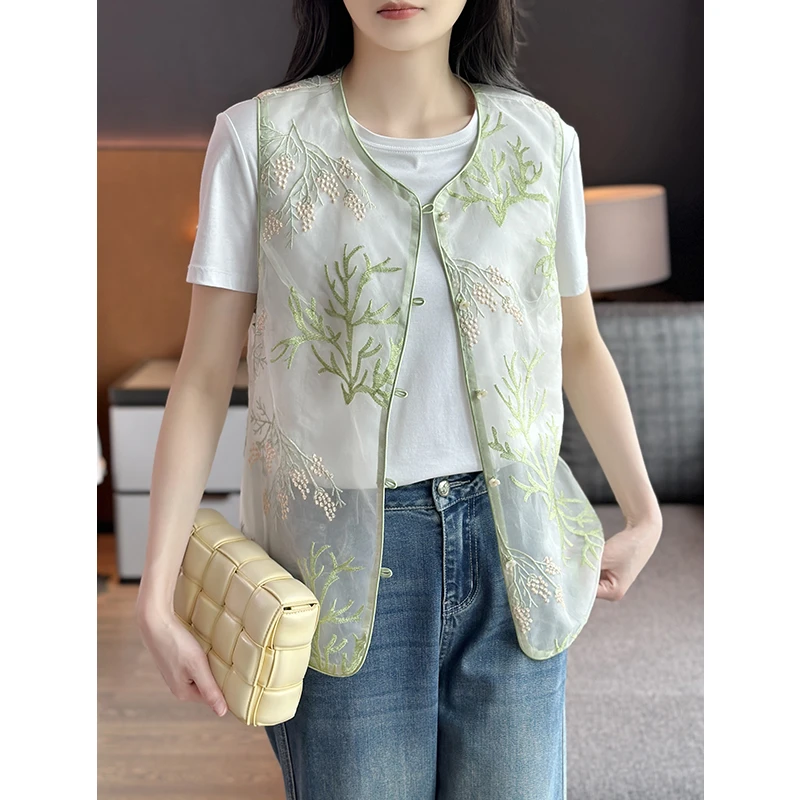 左左家 禅意国风~清雅绿色重工刺绣薄款双层真丝欧根纱新中式马甲