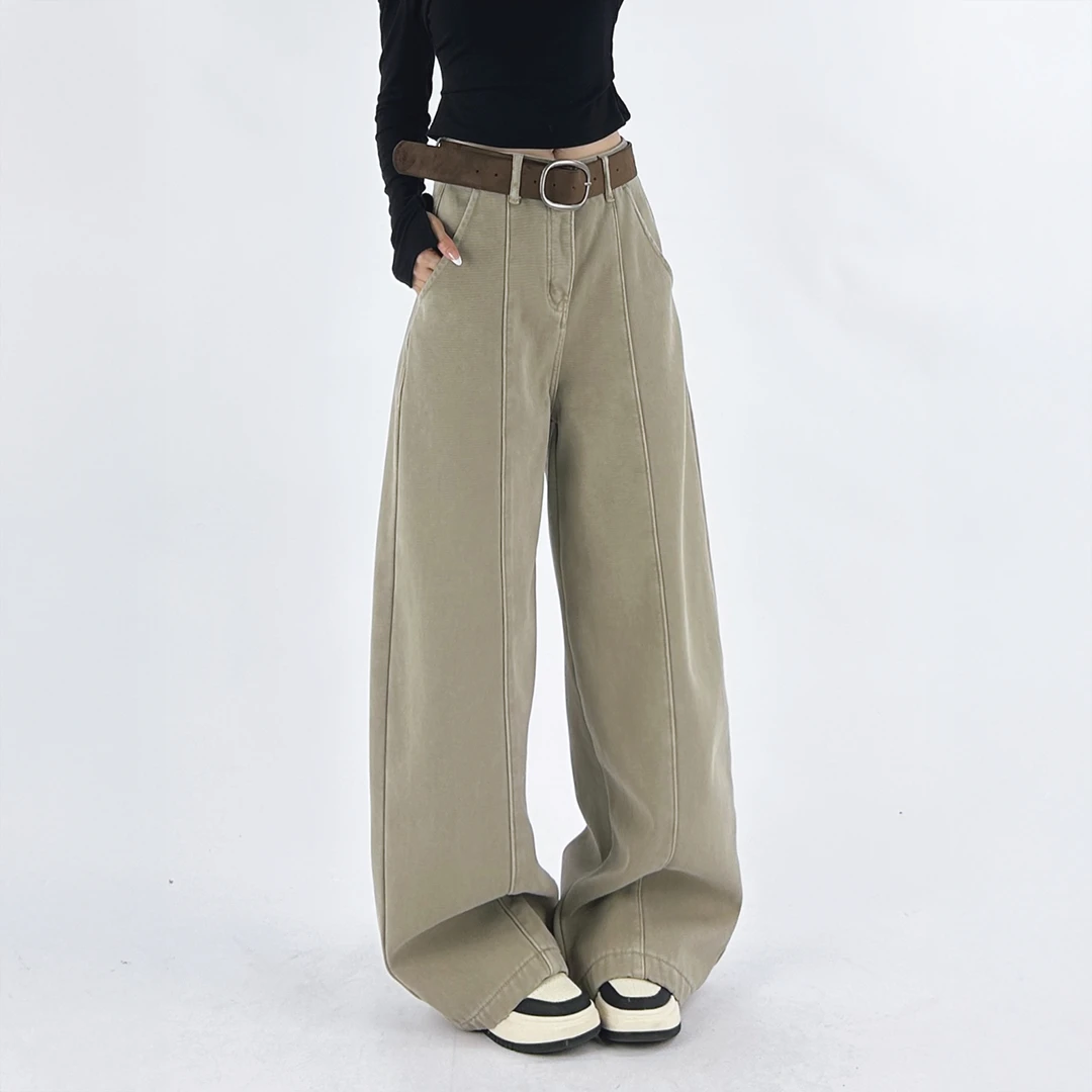 复古奶茶色加绒弯刀牛仔裤女2025冬季新款宽松显瘦百搭阔腿香蕉裤