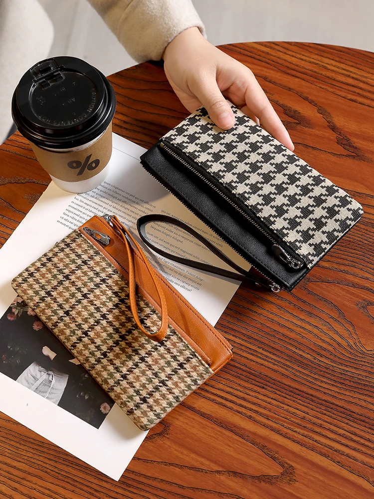 新款韩系ins小众设计帆布零钱包迷你千鸟格布艺钥匙卡包一体钱包