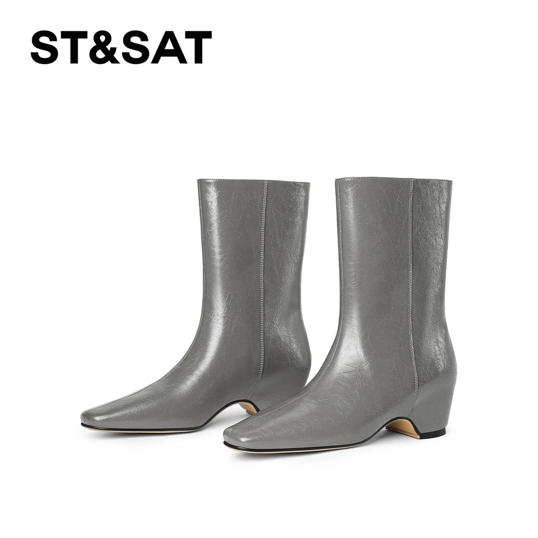 St&Sat/星期六秋冬短靴黑色气质直筒靴时尚百搭方头时装靴
