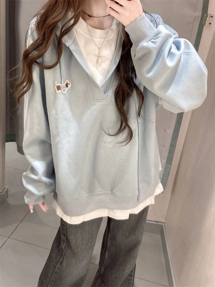 假两件刺绣连帽卫衣女春秋薄款2025新款学生宽松慵懒风外套上衣潮