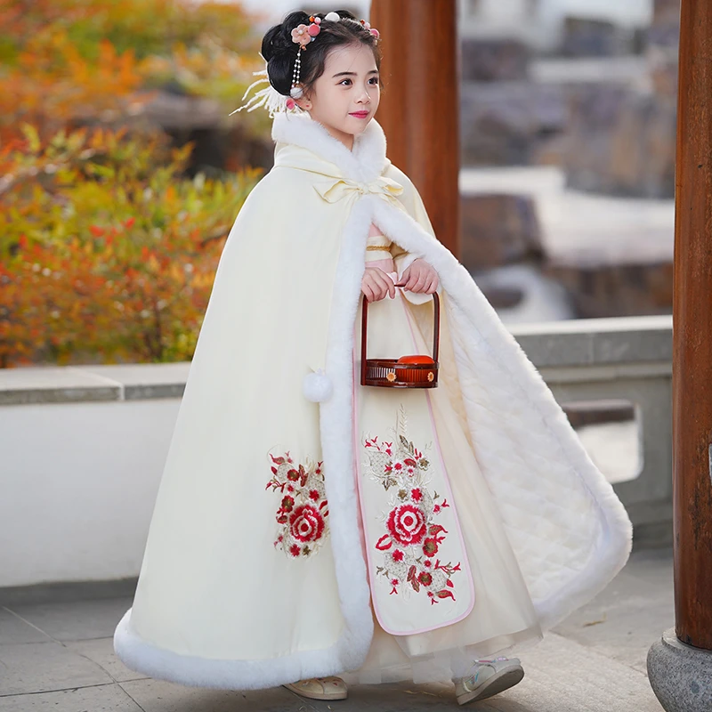 女童披风汉服斗篷毛领加厚款秋冬外出中国风儿童冬季公主古风披肩