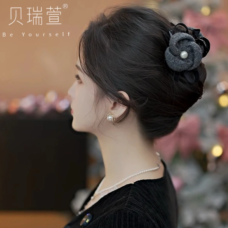 韩版小香风盘发针织毛线抓夹发饰后脑勺发夹马尾夹ZJ819