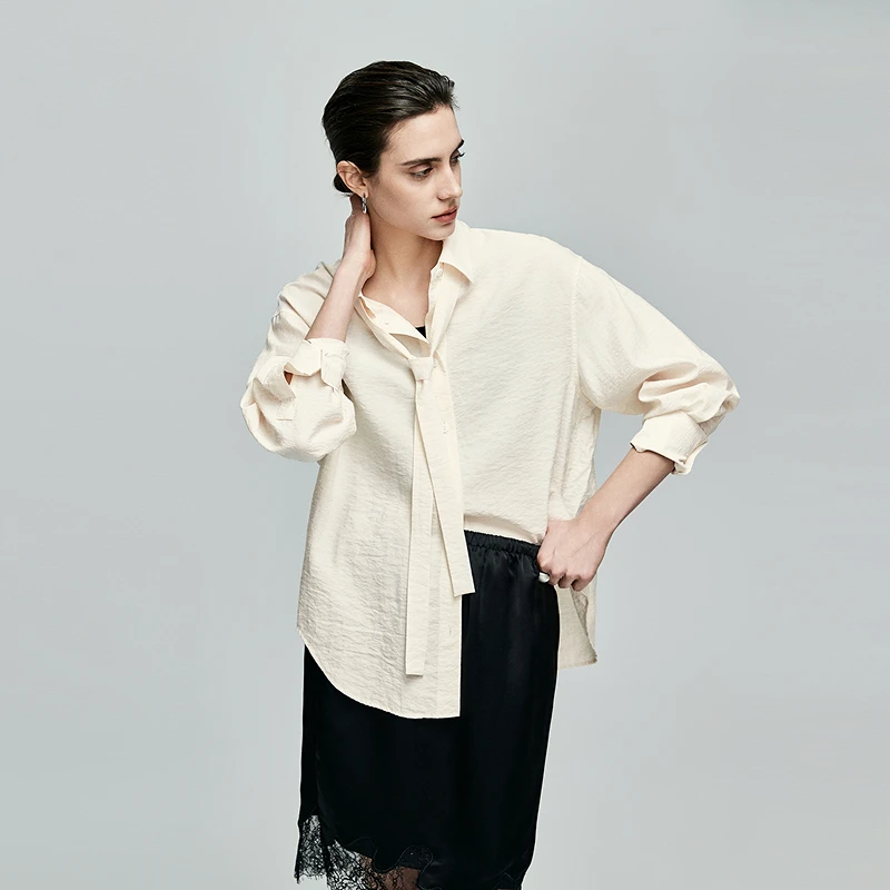 初棉【上新】奢贵桑蚕丝衬衫可拆卸飘带皱感衬衣真丝362604007