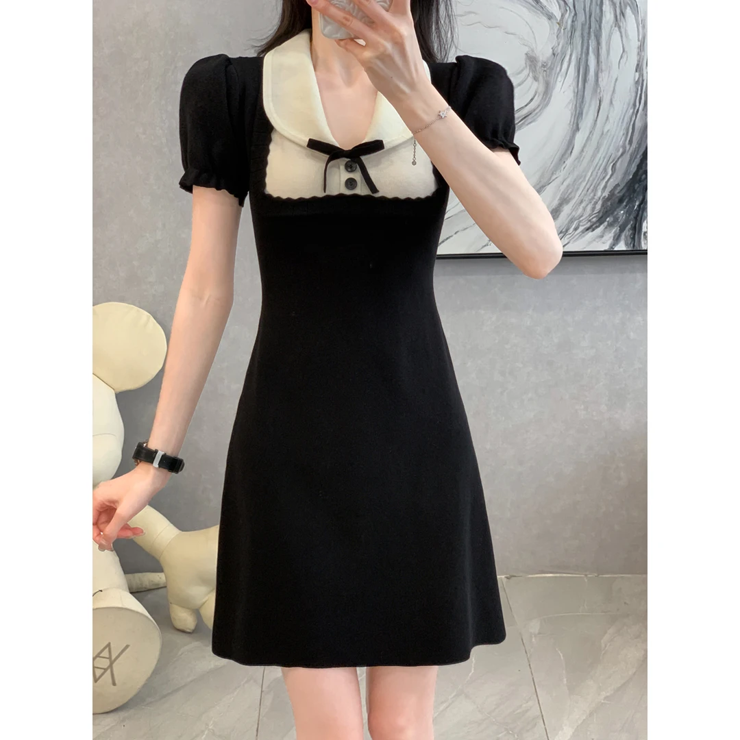 法式黑色针织连衣裙女夏季收腰蝴蝶结娃娃领小黑裙减龄