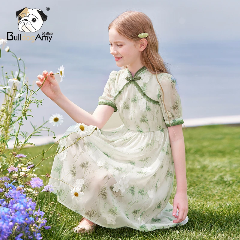 女童国风连衣裙2025夏季新款洋气儿童新中式雪纺裙子中大童印花裙