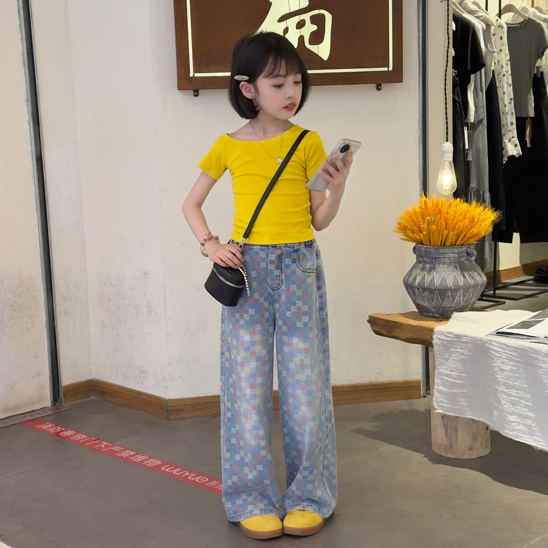 美式复古彩色棋盘格小众牛仔裤女童2025夏季短袖垂感阔腿长裤甜酷