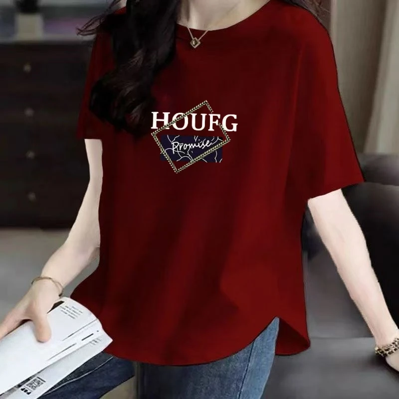100%纯棉圆领短袖袖T恤女2025新款韩版宽松弧形下摆遮肉显瘦上衣