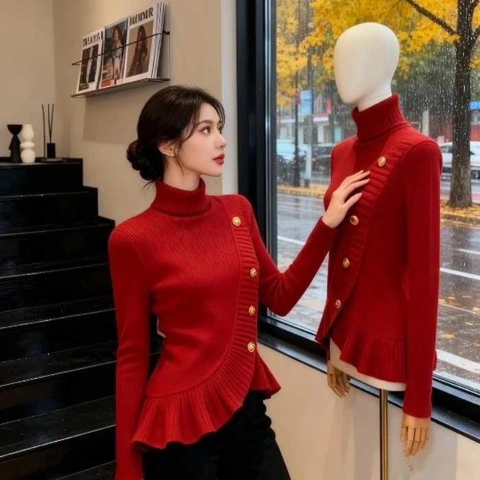 巨好看韩系早秋绝美独特红色针织毛衣漂亮高级感chic别致超火上衣