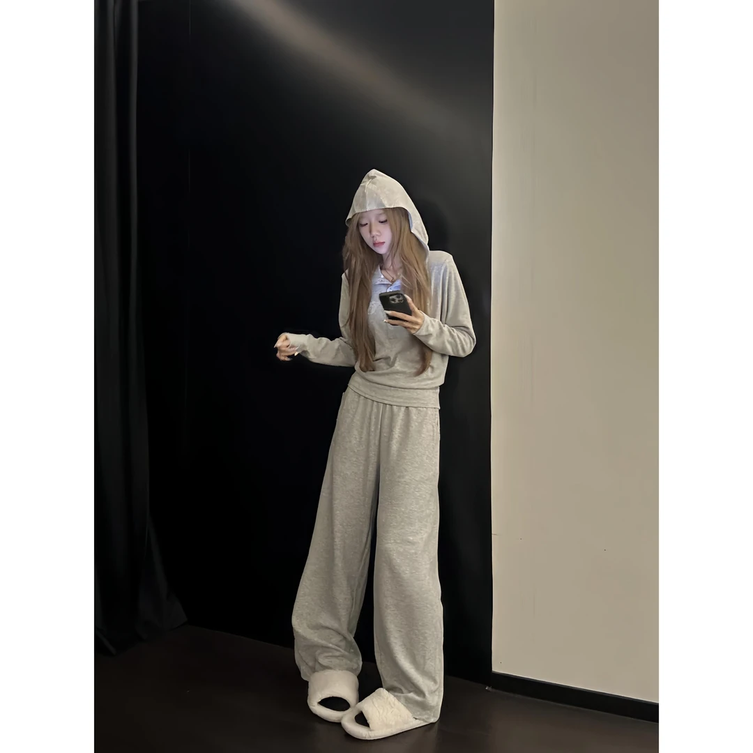 韩版高级感连帽长袖可外穿睡衣女款春秋款显瘦阔腿长裤居家服套装