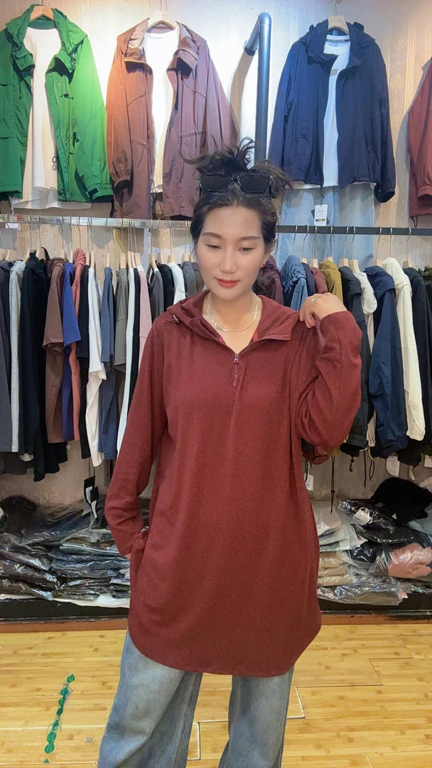 宽松型连帽纯色休闲风有弹力中长卫衣带帽秋冬长袖女款上衣百搭