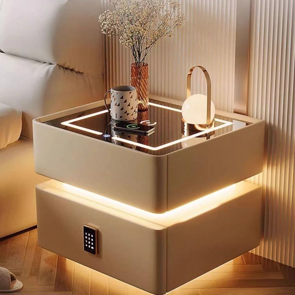 智能床头柜现代简约实木带感应灯卧室轻奢多功能无线充电蓝牙床柜