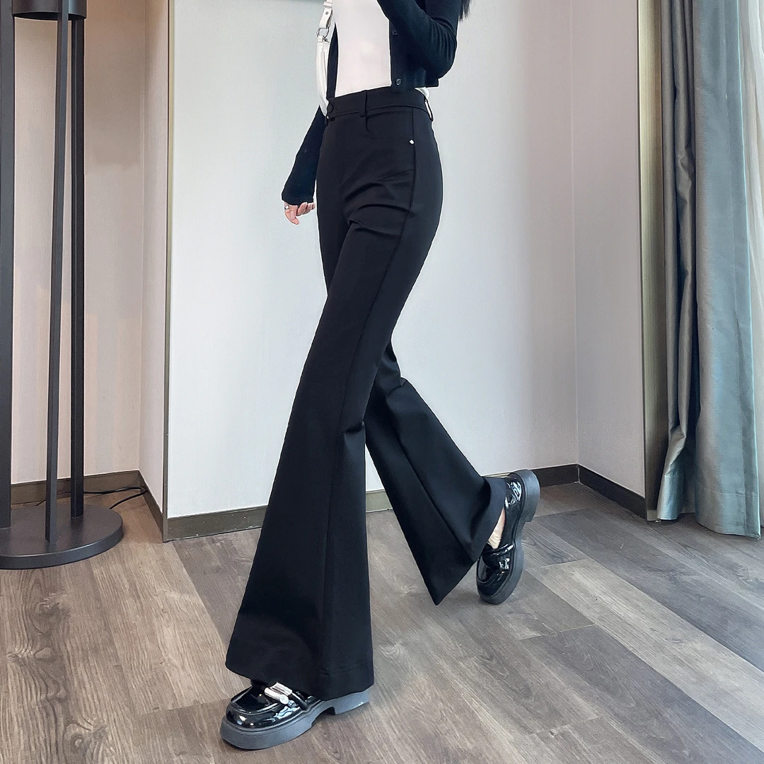 黑色不贴腿微喇裤女春秋高腰垂感时尚显瘦高个子弹力西装喇叭裤子