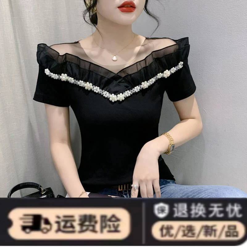 网纱拼接一字肩T恤女短袖夏装欧货设计感木耳边上衣修身洋气小衫
