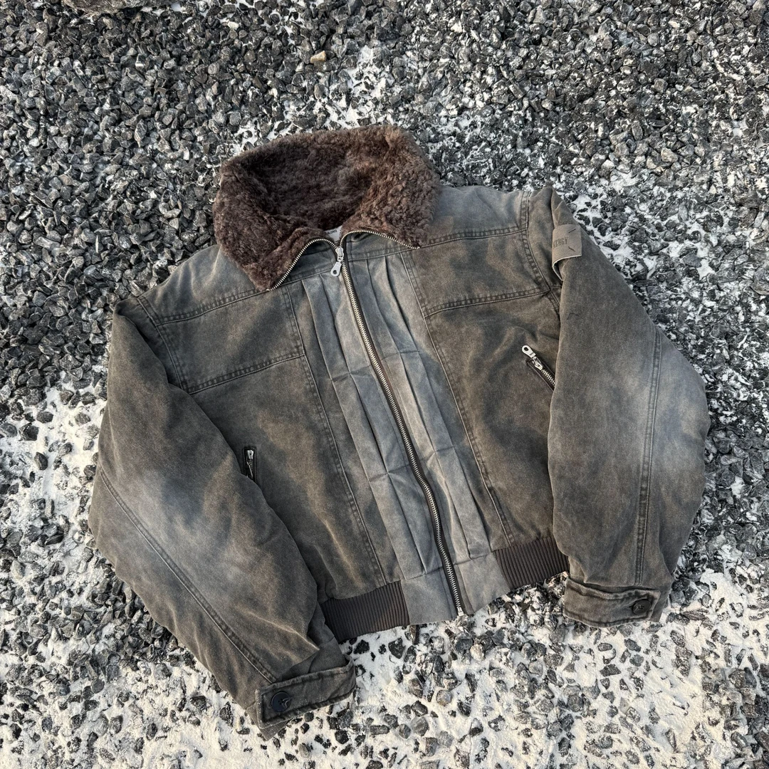 Lightinus美式水洗褪色褶皱袖子解构明辑线设计立领棉服保暖上衣