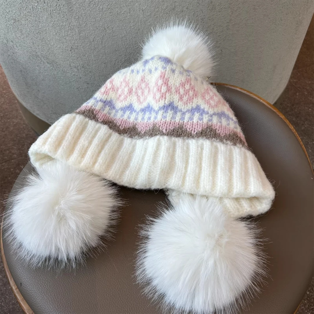 商场同款费尔岛风毛线帽子女冬季保暖护耳帽防寒加厚毛球针织帽