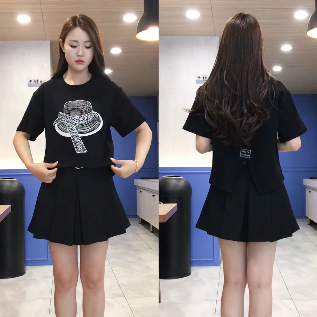 韩系时尚设计烫钻印花帽子圆领上衣2025夏季新款个性别致短袖T恤