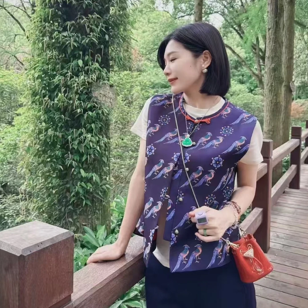 绢若诗高端定制上久楷宋锦翟鸟图圆领对襟新中式国风马甲