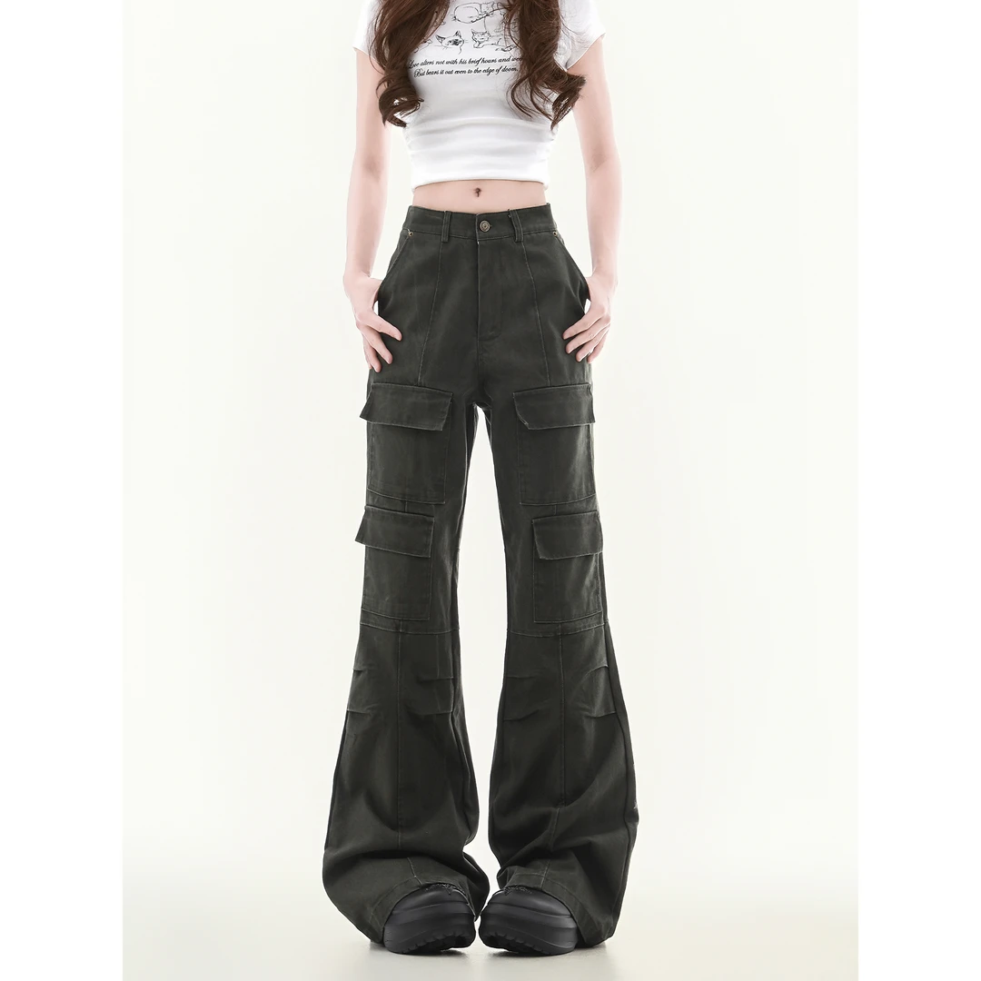 cuwu美式复古褶皱多口袋工装裤女男春季辣妹修身直筒微喇牛仔裤子