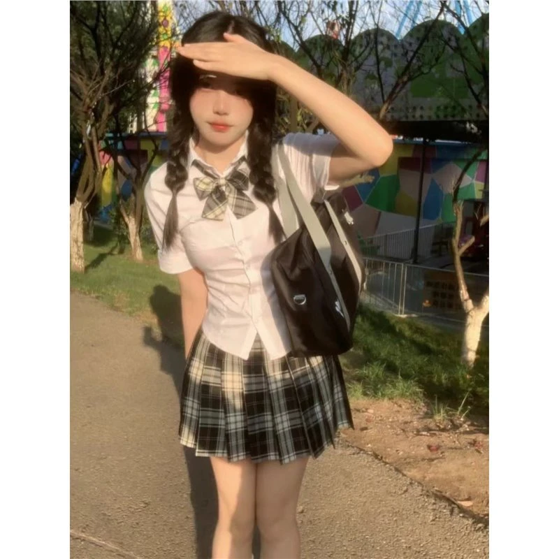 由内而外~jk制服收腰显瘦白色短袖衬衫夏季学院风修身衬衣裙套装