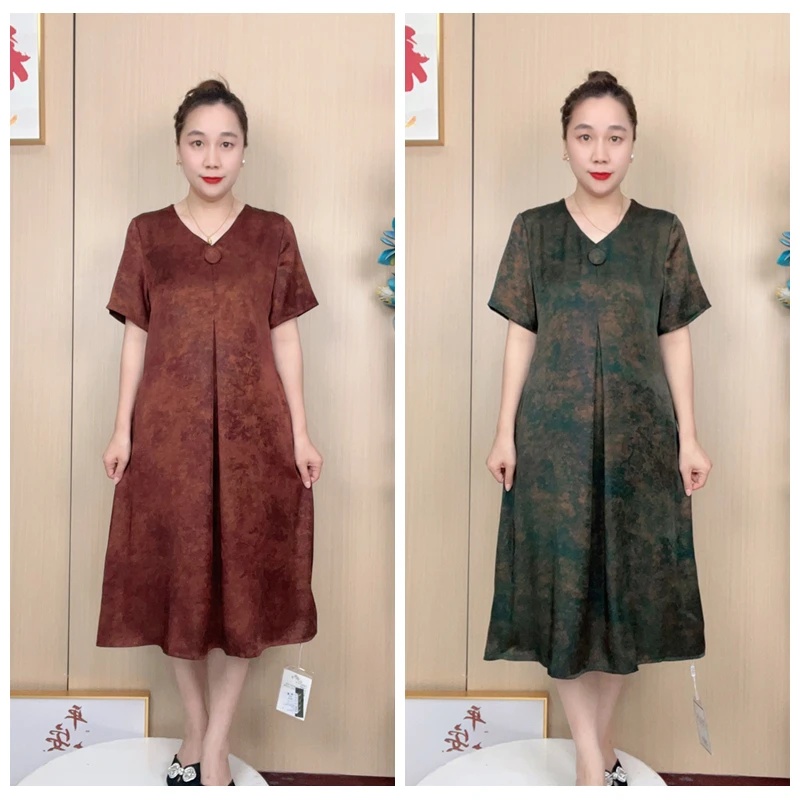 【浮光锦】小V领中老年妈妈裙夏季大码连衣裙