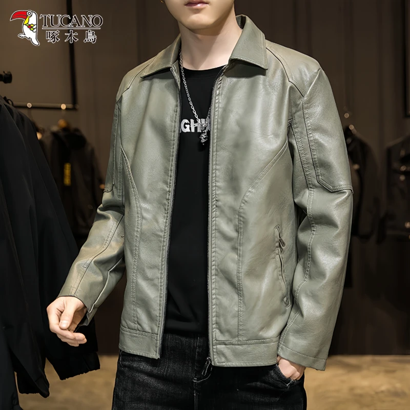 啄木鳥春秋季男士休闲翻领工装皮夹克新款潮牌韩版帅气机车服外套