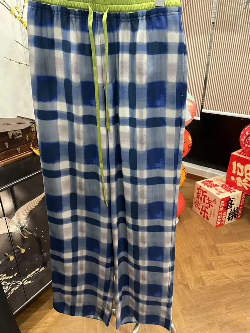 【张羽推荐】ELVIS.CHEUNG蒋云25春蓝白格纹印花阔腿裤