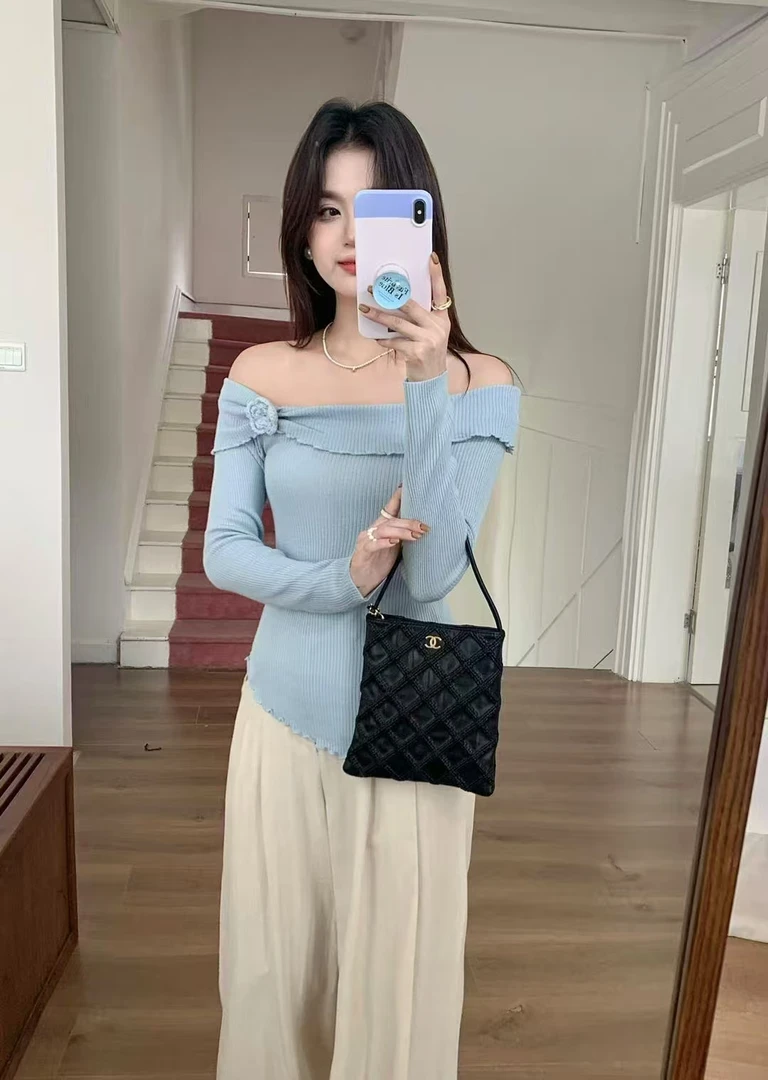 【A01-50】女喇叭袖常规款纯色提花毛针织衫上衣修身复古百搭秋冬