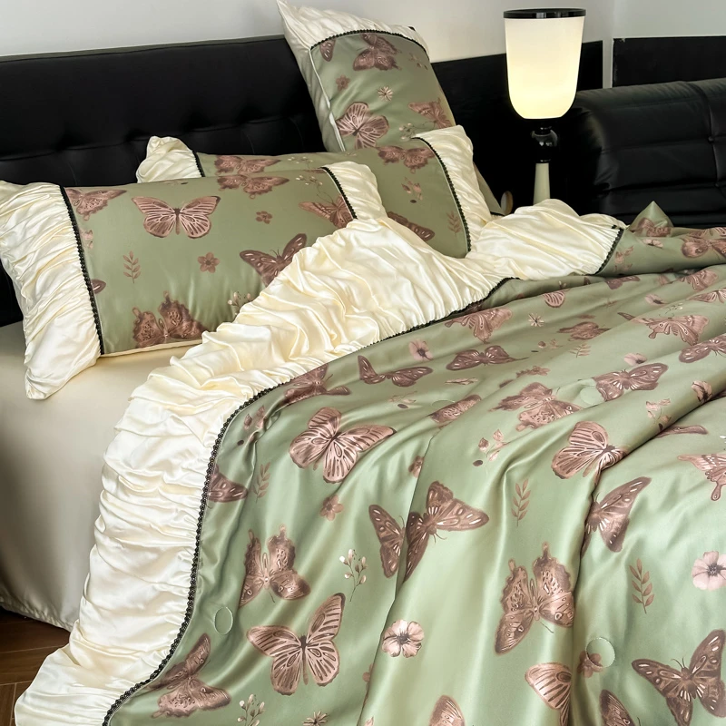 法式公主风冰丝单夏被四件套可机洗水洗夏季凉感空调被薄被子轻奢