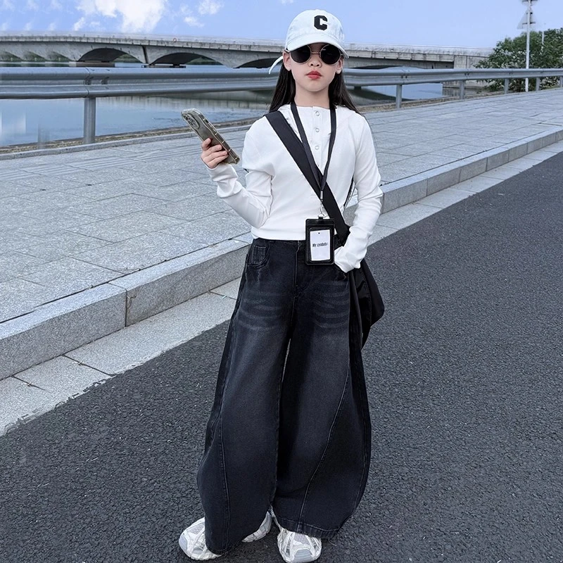女童洋气春秋装连帽衫休闲卫衣2025新款儿童韩版潮酷牛仔弯刀裤潮