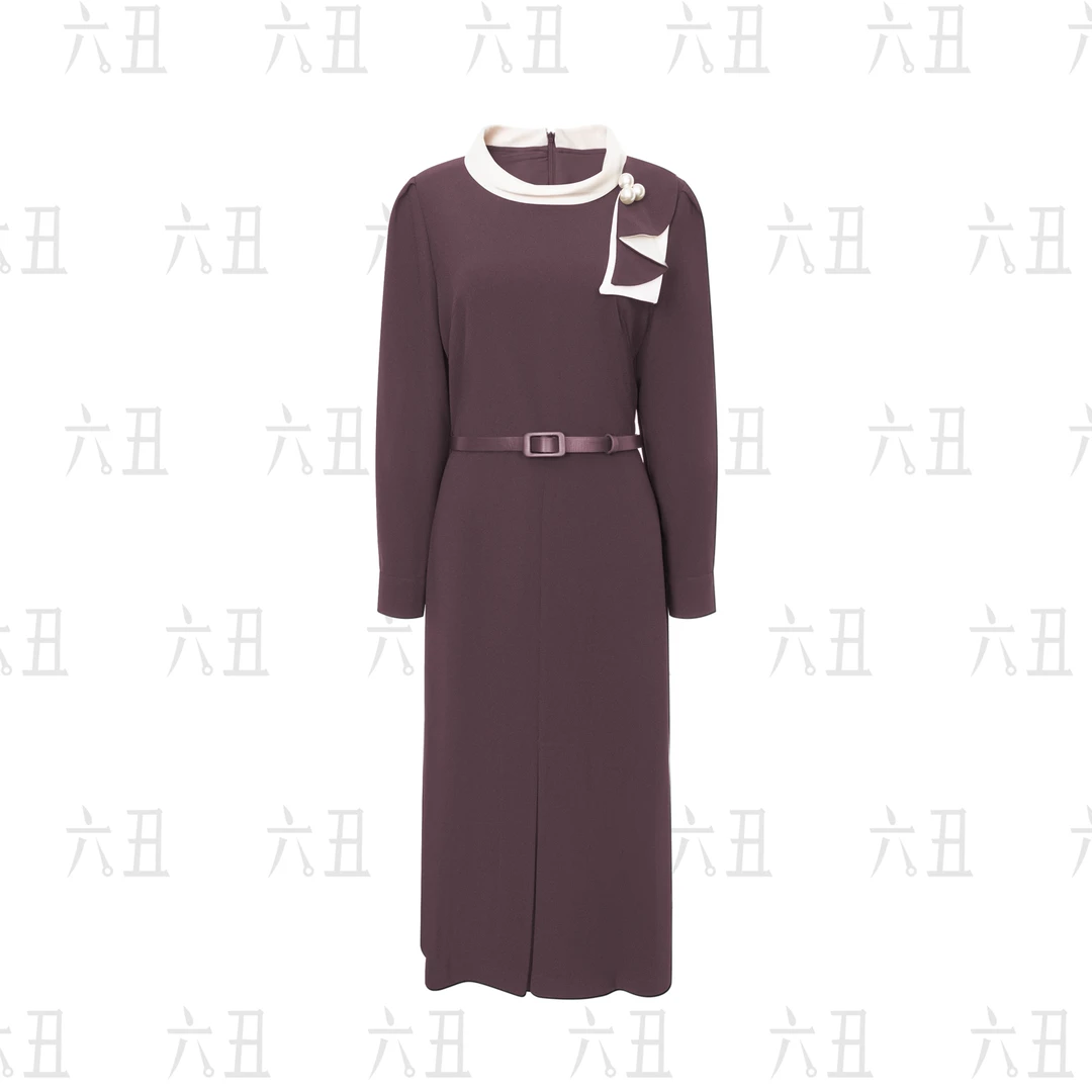 【六丑】新款时尚气质显瘦百搭领口钉珠白边连衣裙509LYQ1106