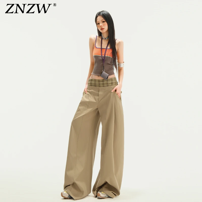 ZNZW卡其色阔腿裤女格纹拼接假两件慵懒松弛感叠穿休闲西装裤子女