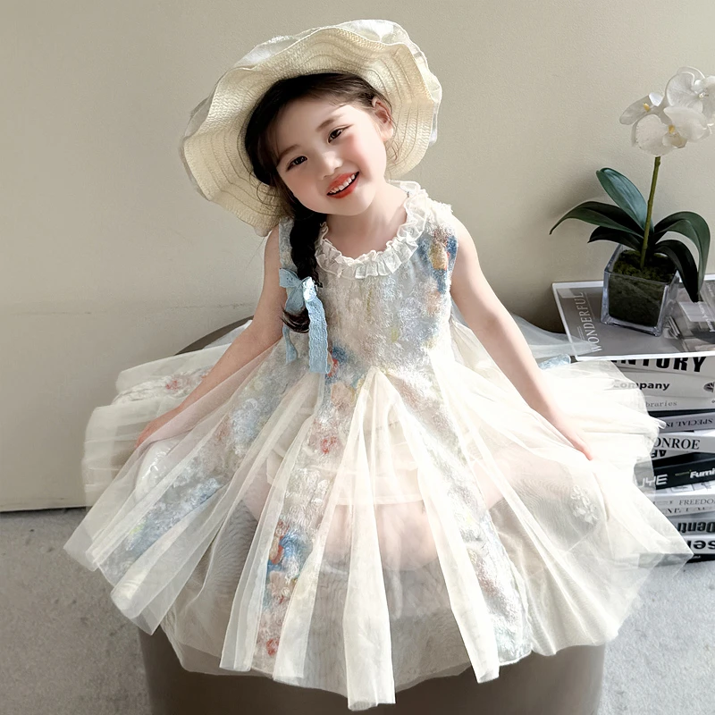女休闲风原创设计碎花夏季连衣裙公主裙夏装蕾丝刺绣童装
